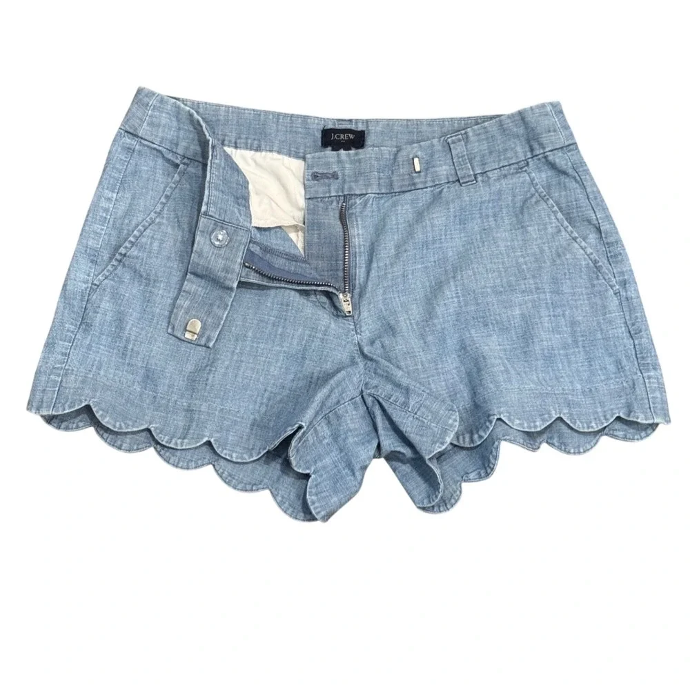 J.Crew Blue Chambray Scalloped Hem Chino Shorts Womens 4 Light Indigo Cotton